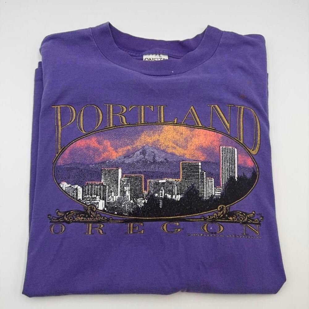 Vintage 1993 Oneita purple Portland Oregon shirt size XL. Single stitch (hole)